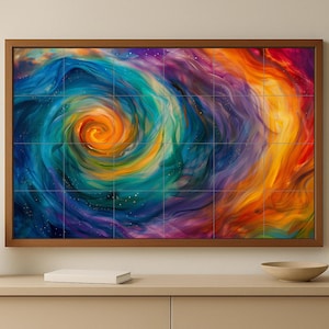 May include: Abstract art print with a colourful swirl design. The artwork, framed in brown, features blues, oranges, yellows, and purples. The piece is displayed on a neutral-toned cabinet, with decorative vases and a bowl.
