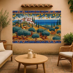 May include: A large, multi-tile mural depicting a Mediterranean landscape. The artwork features olive trees, rolling hills, and a coastal scene with a blue sea. The mural is framed with a decorative border and is displayed on a beige wall.