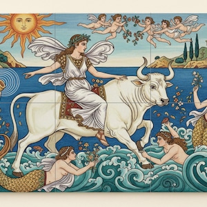 May include: A decorative tile mural depicting a mythological scene. A woman in a white dress rides a white bull, surrounded by mermaids, cherubs, and a sun. The artwork features a blue sea, classical architecture, and a vibrant color palette.