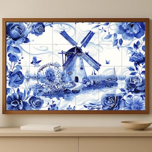Dutch windmill tile mural • Delft blue floral ceramic panel • Netherlands countryside wall art • Holland canal scene home decor
