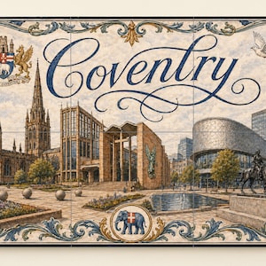 May include: A decorative tile featuring a detailed illustration of Coventry, England, with the city's name in elegant script. The artwork showcases architectural landmarks, a dove, and a coat of arms, framed by ornate floral borders.