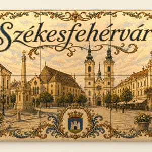 May include: A rectangular wall plaque featuring a detailed illustration of the city square in Székesfehérvár, Hungary. The scene includes a central monument, a church with two towers, and surrounding buildings, framed by ornate blue and gold scrollwork.