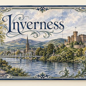 May include: A decorative tile set featuring a watercolor painting of Inverness, Scotland. The artwork depicts a river scene with a castle, bridge, and church, framed by ornate floral and thistle designs. The word "Inverness" is written across the top.