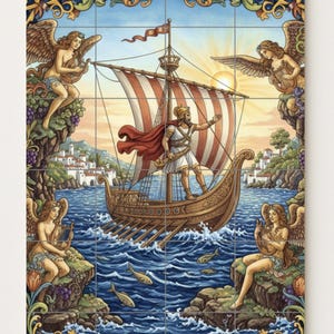 Może przedstawiać: Zestaw dekoracyjnych płytek przedstawiający klasyczną scenę statku na morzu z postacią w czerwonym płaszczu. Grafika zawiera anioły, zachodzące słońce i szczegółową obwódkę z motywami kwiatowymi i muszlowymi. Płytki ułożone są w formacie prostokątnym.