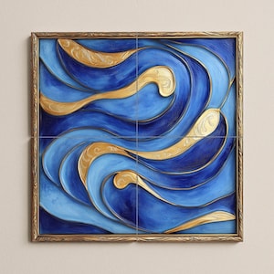 May include: A framed abstract artwork featuring a swirling design in shades of blue and gold. The artwork is divided into four sections and has a gold-colored frame. The gold elements have a textured, embossed appearance.