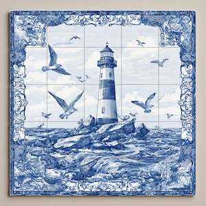 Lighthouse Tile Mural | Nautical Wall Art | Maritime Decor with Ocean Waves | Handcrafted Ceramic Accent | Coastal Home Decor