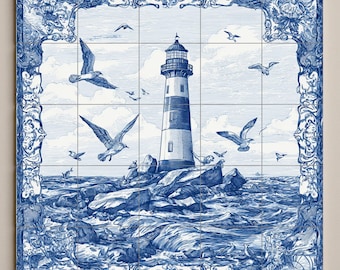 murale en carreaux de phare | Art mural nautique | Décoration maritime avec vagues océaniques | Décoration artisanale en céramique | Décoration d'intérieur côtière
