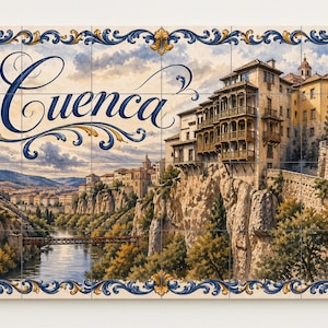 May include: A decorative tile panel featuring a scenic view of Cuenca, Spain. The artwork depicts buildings perched on cliffs, a river, and a bridge, with the city's name in elegant script. The border is adorned with blue and gold floral patterns.