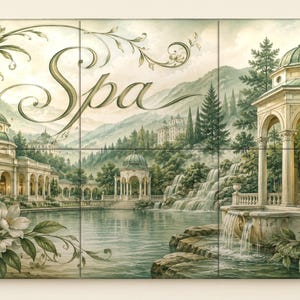 May include: A decorative wall mural composed of six rectangular tiles featuring a landscape painting of a classical spa building with a domed roof, a waterfall, and a pond, with the word Spa written in elegant cursive script and white flowers.