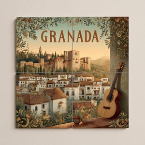 Granada Tile Mural – Alhambra Cityscape with Guitar – Spanish Heritage Ceramic Panel – Andalusian Wall Art for Rustic Interiors