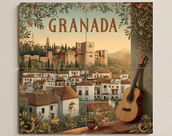 Granada Tile Mural – Alhambra Cityscape with Guitar – Spanish Heritage Ceramic Panel – Andalusian Wall Art for Rustic Interiors