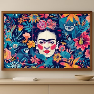 May include: A framed art print featuring a stylized portrait of a woman surrounded by colorful flowers, monkeys, and a koala against a dark blue background. The artwork has a vibrant, illustrative style with bold colors and a wooden frame.