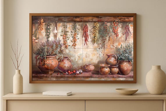 Rustic kitchen tile mural • Mediterranean herb and spice still life • Ceramic wall art with garlic, terracotta pots & hanging tomatoes