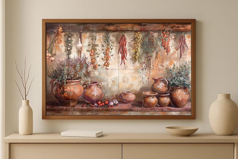 Rustic ceramic mural featuring suspended garden bounty and antique jars on a stucco wall.
