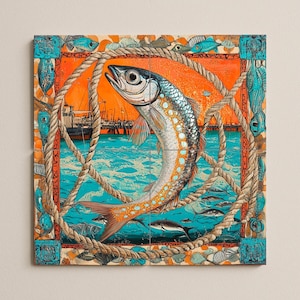 May include: Square artwork featuring a large fish leaping through a rope circle, set against a vibrant orange sky and turquoise water. The fish has silver and orange scales. Additional fish and a pier are visible.
