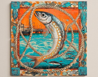Nautical Fish Ceramic Tile Mural Wall Art | Harbor Scene with Fishing Boats and Marine Rope Frame | Coastal Decorative Panel for Kitchen
