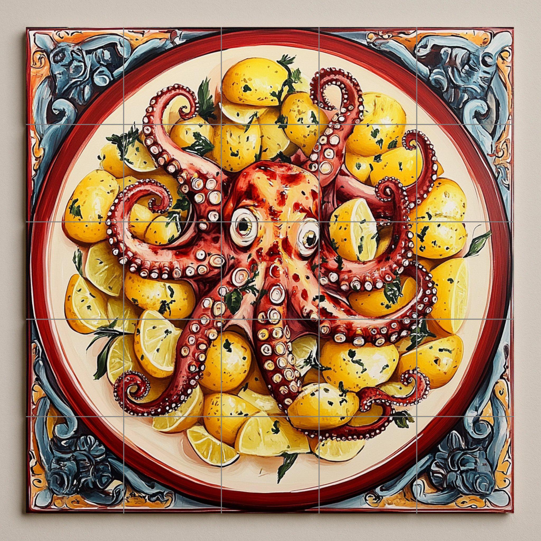 Ceramic Tile Mural With Galician Fun Octopus Dish, Pulpo a La