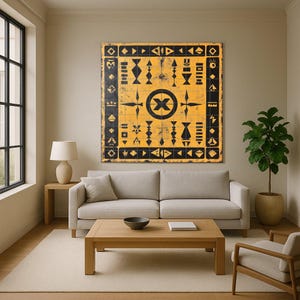 May include: A large, square, abstract artwork with a yellow background and black geometric shapes. The artwork features a central circular design with an X inside, surrounded by various symbols and patterns. The piece is mounted above a light grey sofa.