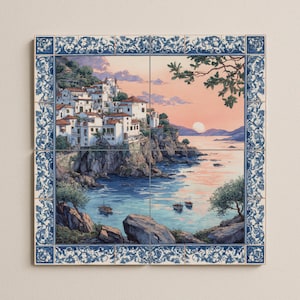 Mediterranean Sunset Tile Mural | Coastal Village Scene | Handcrafted Ceramic Decor | Blue and White Tile Art | Mediterranean Cliffside