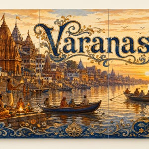 May include: A rectangular wall art piece featuring a detailed painting of the Varanasi riverfront at sunset. The scene includes temples, people on stone steps, and boats on the water. The word Varanasi is written in large blue decorative script.