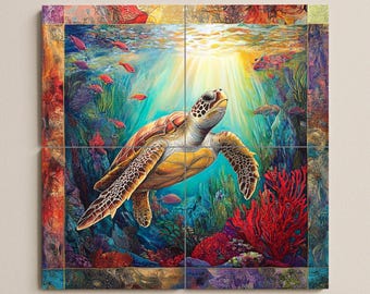 ウミガメのセラミックタイル壁画 | カラフルな魚が描かれた海のサンゴ礁の装飾パネル | 海洋海洋