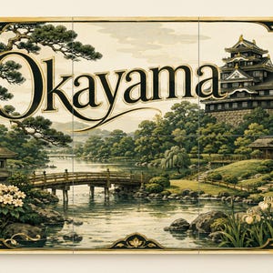 May include: A rectangular wall art print featuring the word Okayama in large black serif lettering. The illustration depicts a Japanese castle, a wooden arched bridge over a river, a stone lantern, lush green trees, and white flowers in a garden.