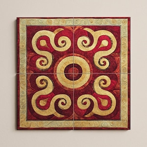 May include: A four-panel artwork featuring a symmetrical design. The central motif is a large, golden circle surrounded by swirling, golden shapes on a deep red background. A golden border frames the artwork.