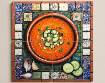 Andalusian gazpacho ceramic tile mural with rustic terracotta bowl and Spanish azulejo border, Córdoba Sevilla Granada tapas kitchen panel
