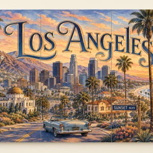 May include: A rectangular wall art print featuring a sunset view of Los Angeles with the text Los Angeles in large blue script. The scene includes a vintage light blue convertible car, palm trees, the Hollywood sign, and a Sunset Blvd street sign.