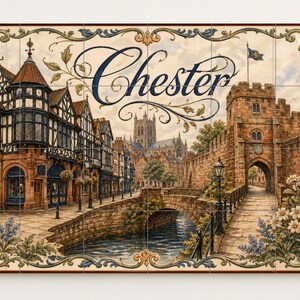 May include: A decorative tile featuring a detailed illustration of Chester, England. The image showcases historic buildings, a bridge over a river, and a cathedral in the background. The word "Chester" is written in elegant script.