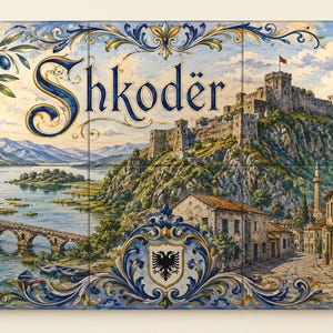 May include: A rectangular wall art piece featuring a painted landscape of Shkodër, Albania. The scene includes a stone bridge, a lake, and a hilltop castle. The text Shkodër is written in blue script, and a black double-headed eagle emblem is centered.