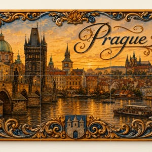 May include: A rectangular wall plaque featuring a detailed painting of the Prague skyline at sunset, including the Charles Bridge and Vltava River. The word Prague is written in black script. The border is ornate, carved wood with floral motifs.