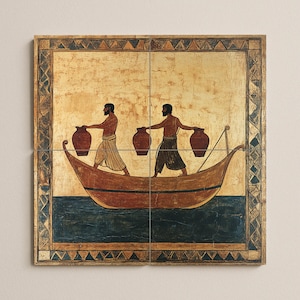 May include: A framed artwork depicting two figures carrying large vessels on a boat. The boat sails on blue water, set against a gold background. The artwork has a decorative border with geometric patterns.
