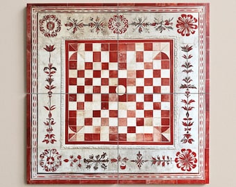 Croatian Checker Ceramic Mural – Red and White Heritage Tile Artwork with Floral Border, Historic Folk Inspired Decorative Wall Panel