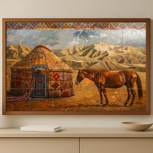 May include: A framed tile mural depicting a brown horse standing near a traditional yurt. The yurt is intricately decorated with colorful patterns. The background shows a mountainous landscape under a cloudy sky. The artwork is displayed on a neutral-toned wall.