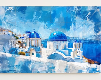 Santorini niebieskie kopuły płytki ścienne • Grecki kościół na wyspie panel ceramiczny • Ściana z widokiem na Morze Egejskie • Wystrój domu latem na Cykladach