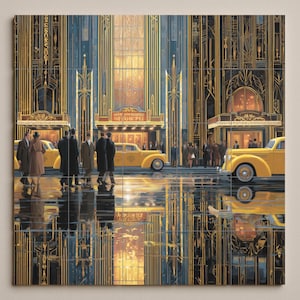 Art Deco New York Fliesenbild - Goldenes Zeitalter Stadtbild-Mosaik mit Theaterlichtern und gelben Cabs für Küchenrückwand, Vintage Flurdekoration
