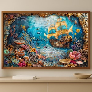 May include: A framed artwork depicting an underwater scene with a sunken ship, colorful coral, and various marine life. The artwork features a detailed, vibrant design with shades of blue, gold, and red. The frame is made of wood.