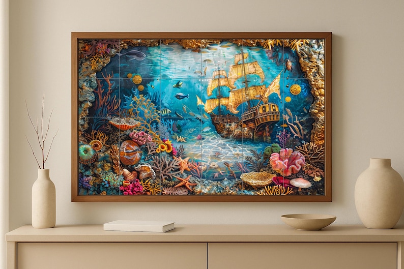 May include: A framed artwork depicting an underwater scene with a sunken ship, colorful coral, and various marine life. The artwork features a detailed, vibrant design with shades of blue, gold, and red. The frame is made of wood.