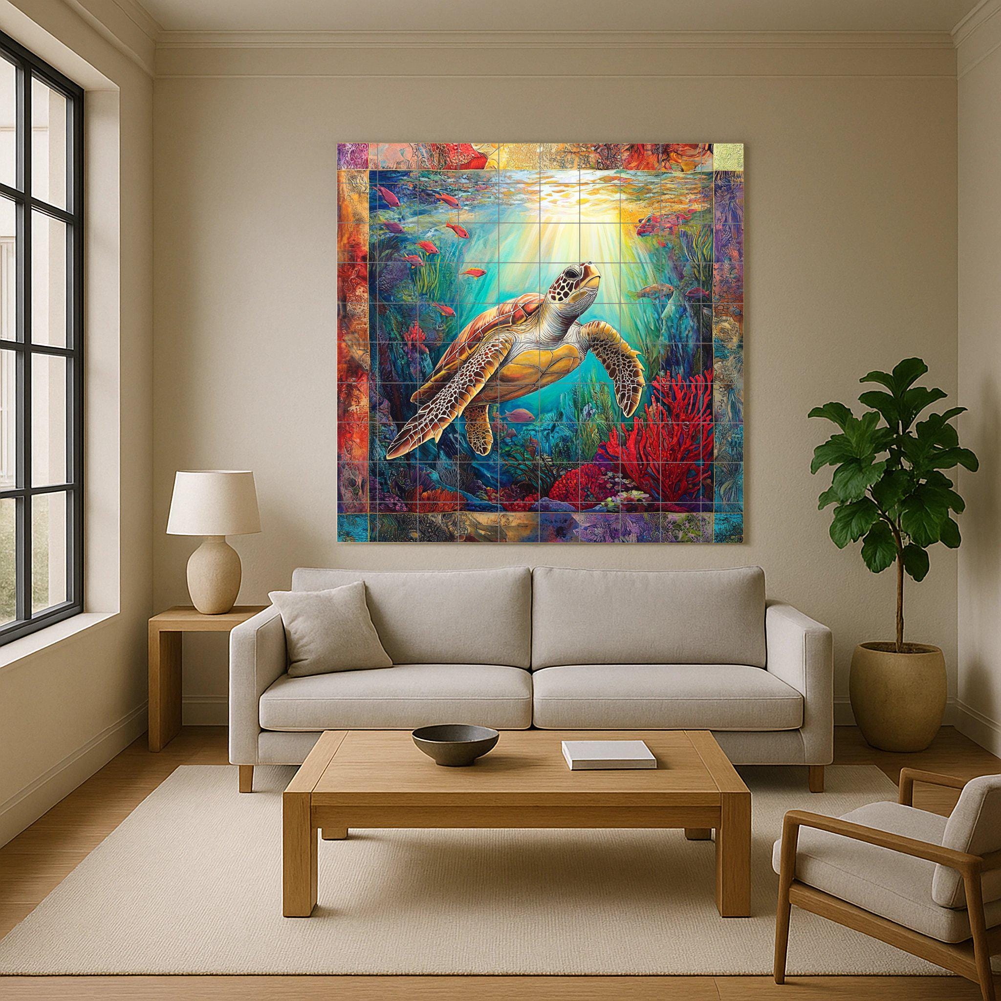 ウミガメのセラミックタイル壁画 | カラフルな魚が描かれた海の