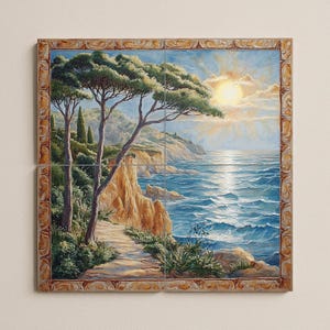 May include: A tile mural showing a coastal scene with a path, trees, and the sea under a bright sun. The artwork has a detailed border and a vibrant colour palette of blues, greens, and yellows.