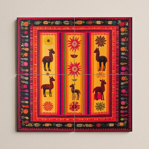 May include: A four-panel artwork with a folk-art design. The central panels show llamas and stylized sunflowers on a yellow background, framed by a border of red, pink, and black floral patterns. The artwork is square in shape.