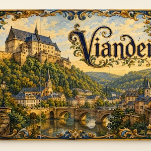 Può includere: Un murale rettangolare in piastrelle di ceramica raffigurante il castello di Vianden su una collina che sovrasta una città, un ponte in pietra e un fiume. La scena è incorniciata da un bordo blu e oro con motivi floreali e uno stemma. La parola Vianden è scritta in grandi lettere blu.