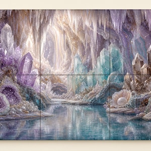 May include: A multi-panel wall art print depicting a cavern filled with large purple amethyst clusters, translucent blue crystals, and white stalactites hanging from the ceiling. A calm, reflective pool of water sits in the foreground with a pearl.