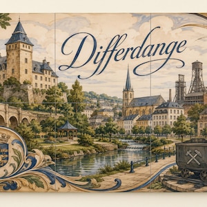 May include: A rectangular wall tile mural featuring a detailed landscape painting of Differdange, Luxembourg. The scene includes a castle, a church, industrial structures, a river, and a mining cart, with the text Differdange in blue script.