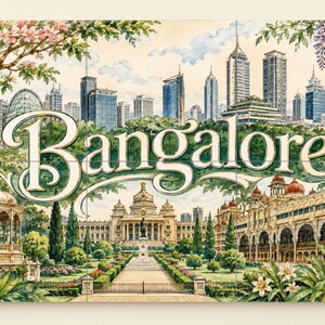 May include: A rectangular wall art print featuring a watercolor illustration of the Bangalore skyline and historic architecture. The word Bangalore is written in large, elegant, cream-colored script across the center, framed by lush green trees and flowers.