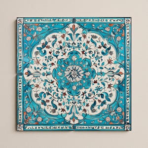 May include: Square ceramic tile with a floral design in shades of turquoise, white, and touches of orange and brown. The tile features a central floral medallion surrounded by intricate patterns and a border.