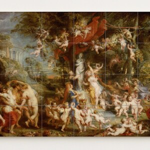 Peut inclure: Une grande impression encadrée d'une peinture classique représentant une scène animée avec de nombreuses figures, dont des chérubins, des femmes et des hommes. L'œuvre présente une riche palette de couleurs avec des tons chauds et un style historique détaillé. La peinture est montée sur une grille de carreaux.