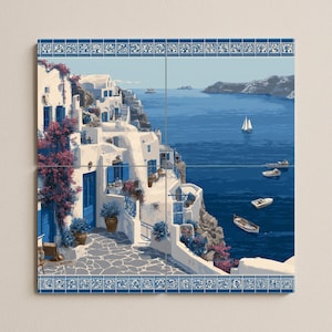Santorini Küsten Wandbild | Griechische Insel Wandkunst | Mediterran Dekor | Meeresblick Keramikfliesen | Meeresakzent | Handgemachte Fliesenkunst
