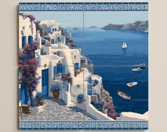 Mural Santorini Coastal | Grecka wyspa ścienna | Dekoracje śródziemnomorskie | Płytki ceramiczne z widokiem na ocean | Akcent morski | Ręcznie robiona sztuka na płytkach